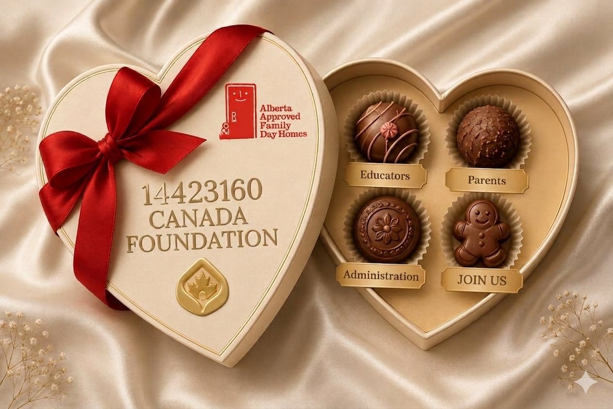 Heart-shaped chocolate box for 14423160 Canada Foundation, with four labelled chocolates: Educators, Parents, Administration and Join Us.